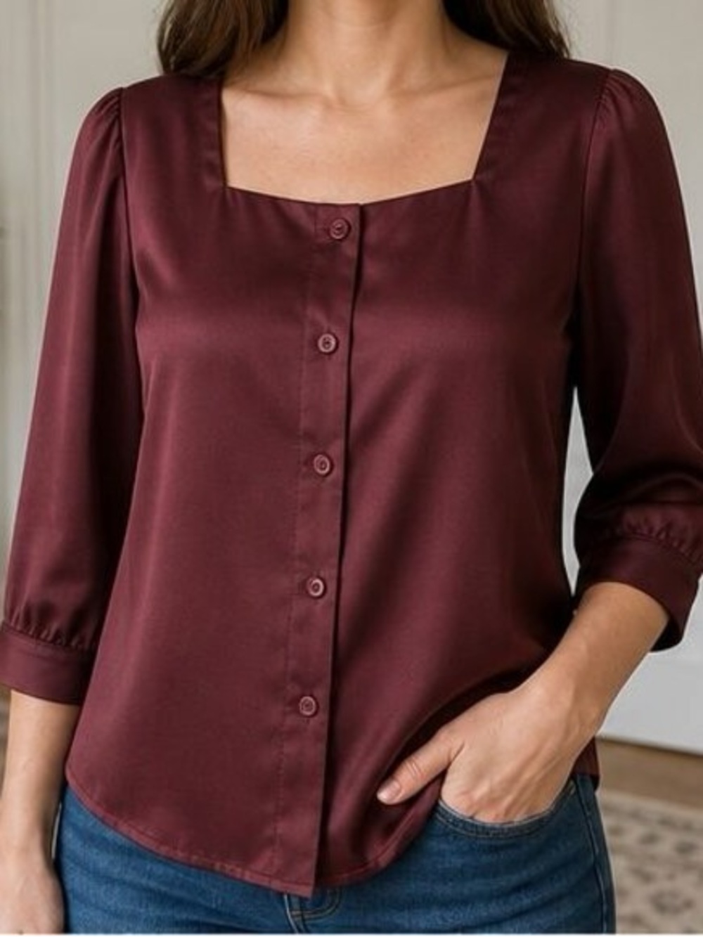 Women’s Square-Neck Button Front Top in Burgundy - Picture 2 of 6